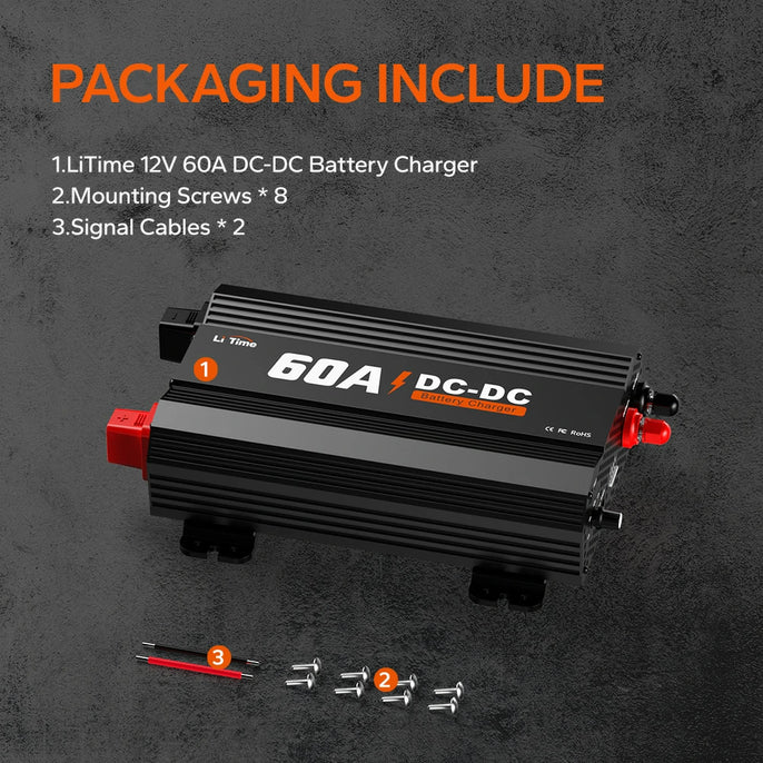 package information of LiTime 60A dc to dc charger - mounting screws, cables