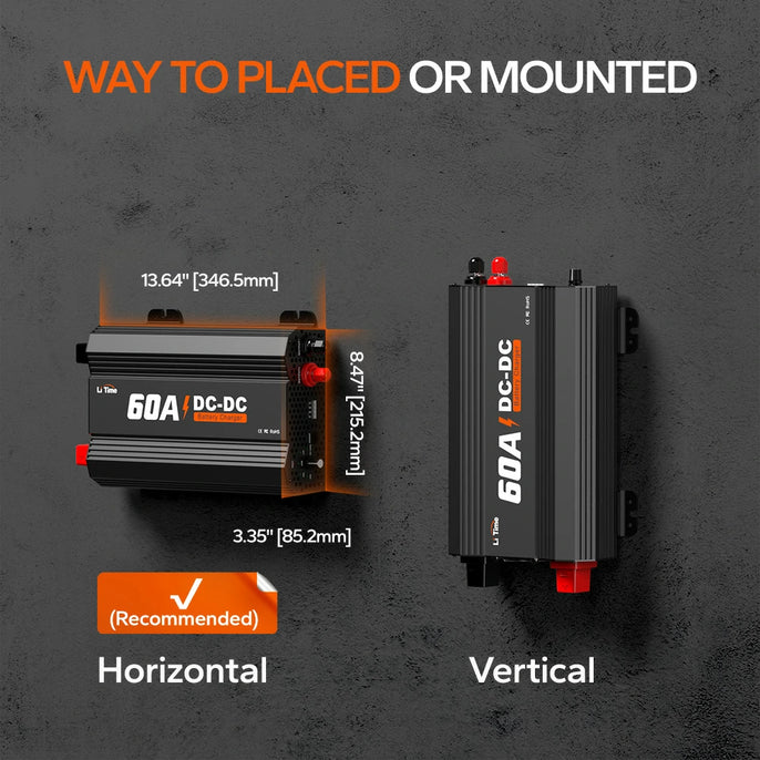 the size of length, wide, height of LiTime 60A dc to dc charger and recommended mouted way