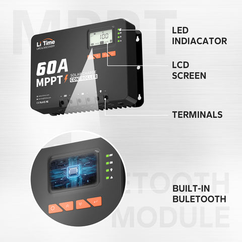 LiTime 60A MPPT 12V/24V/36V/48V Auto DC Input Solar Charge Controller with Bluetooth Adapter
