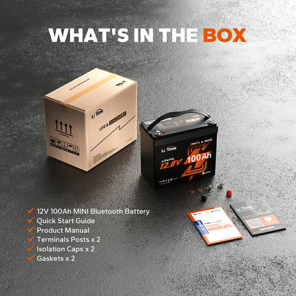 complete packing of LiTime 12.8v 100ah mini lithium battery