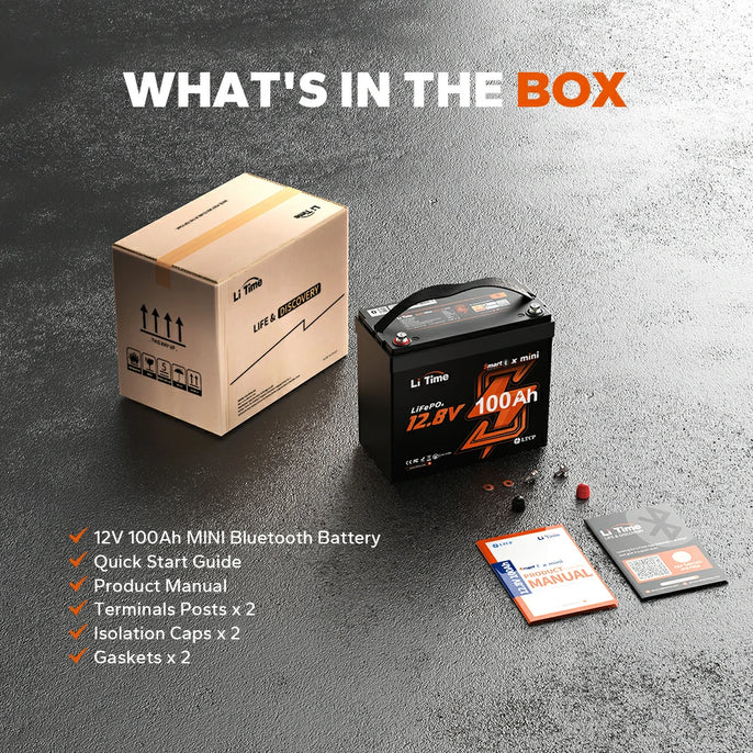 complete packing of LiTime 12.8v 100ah mini lithium battery