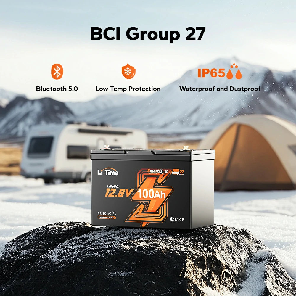 LiTime 12V 100Ah Group 27 lithium travel trailer battery for RV and camper power