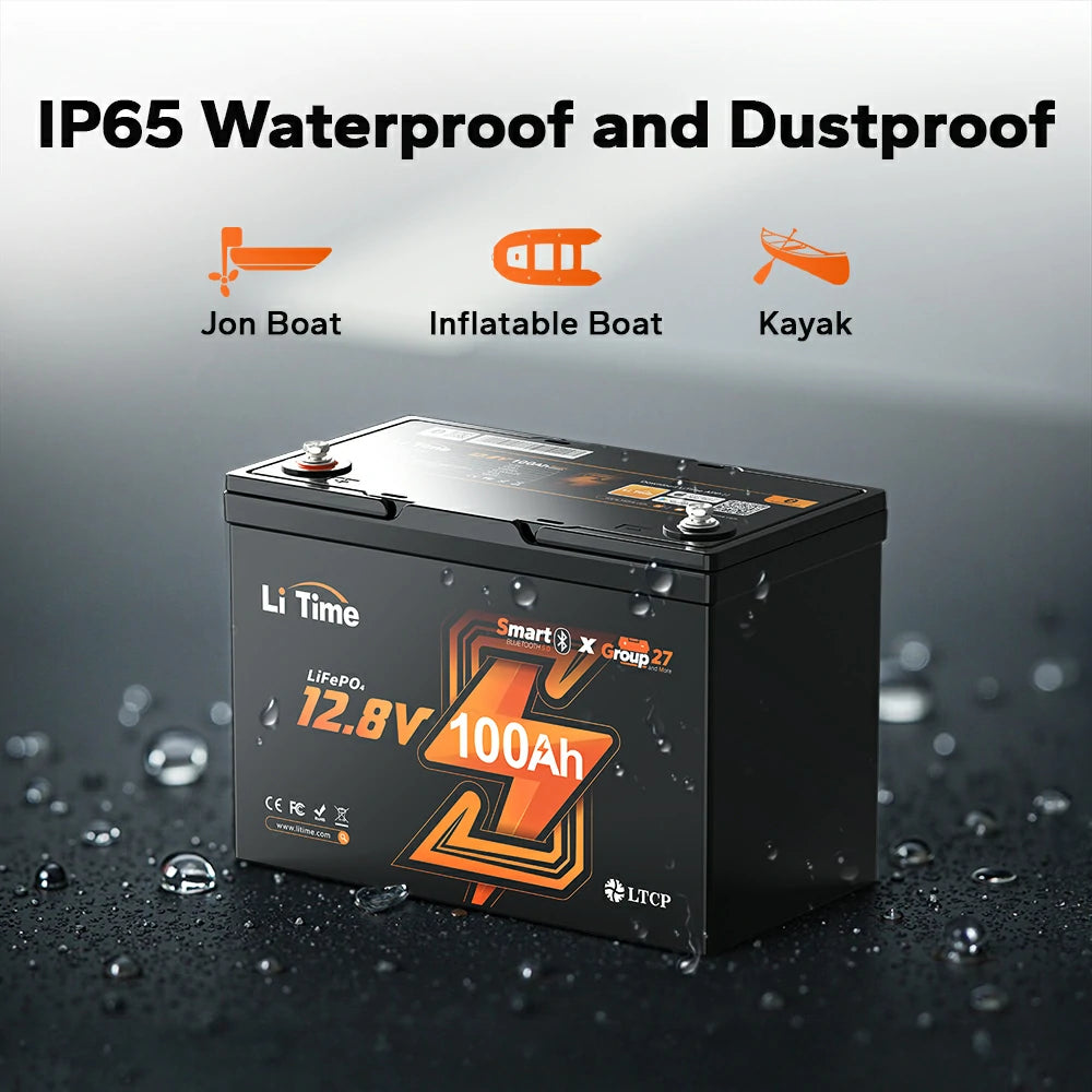 litime 12v 100ah group 27 battery with ip65 waterproof and dustproof protection for Jon boats/inflatables/kayaks
