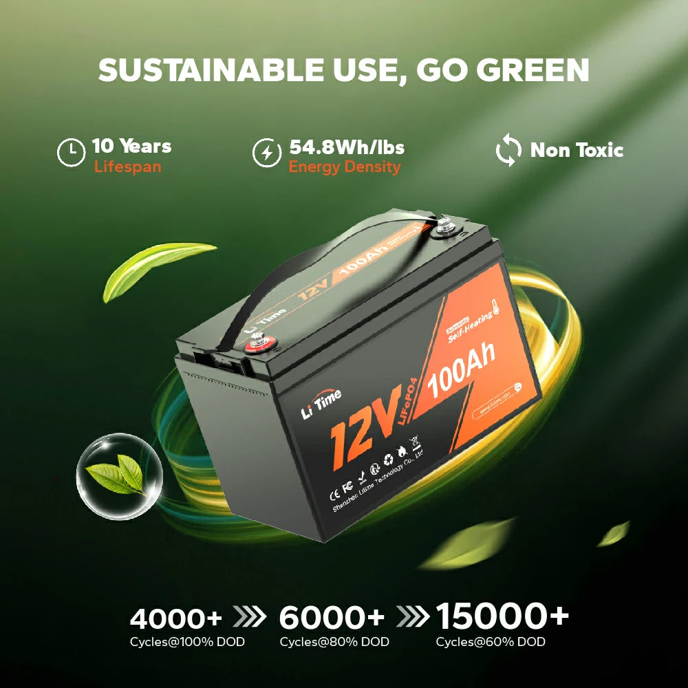 LiTime 12V 100Ah self-heating LiFePO4 battery: 4000-15k cycles, 10-year lifespan, eco-friendly 