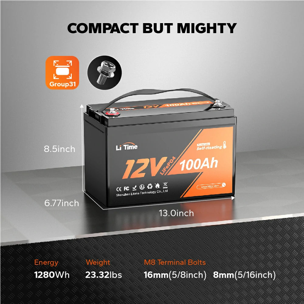 dimension information about LiTime 12V 100Ah self heating lithium battery Group 31  