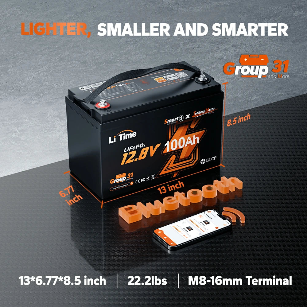 the size, weight and appearance of LitTime 12V 100Ah deep cycles trolling motor battery