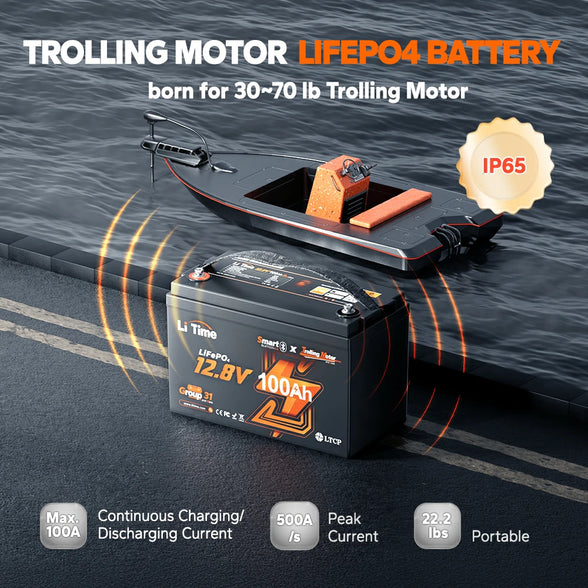 LiTime 12V 100Ah LiFePO4 trolling motor battery with Bluetooth, designed for 30-70 lb motors, IP65 rated