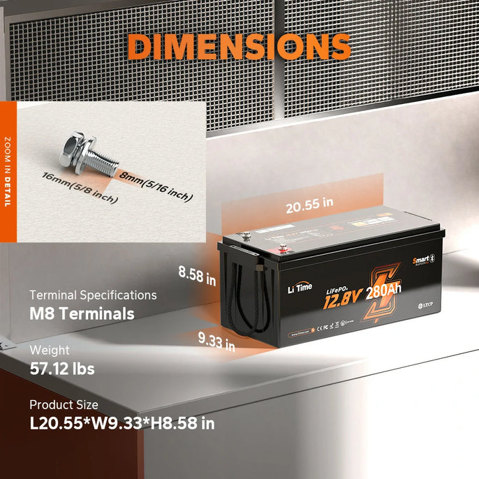 dimension and weight information of LiTime 12V 280Ah bluetooth battery with m8 terminals