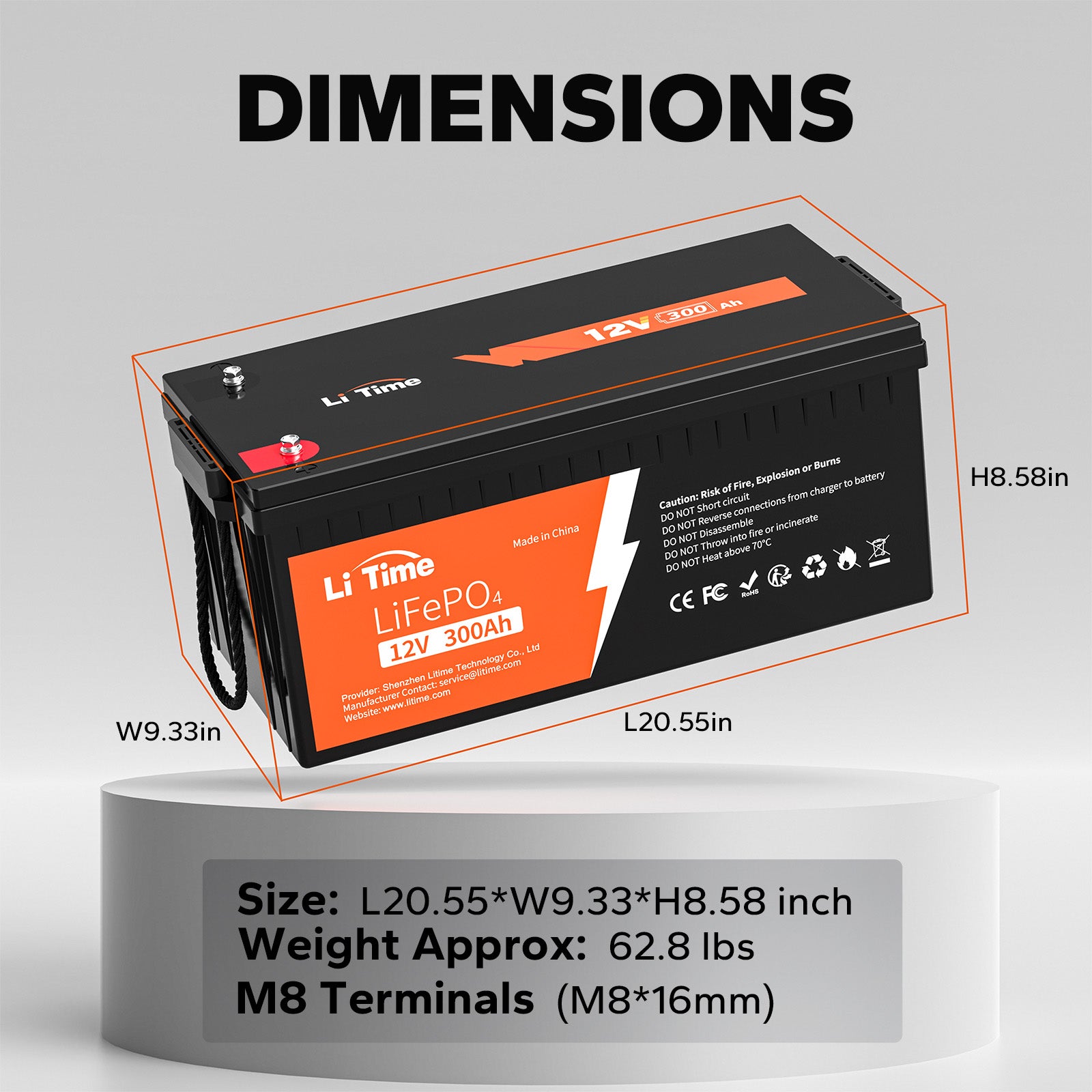 dimension of litime 12v 300ah lithium ion battery