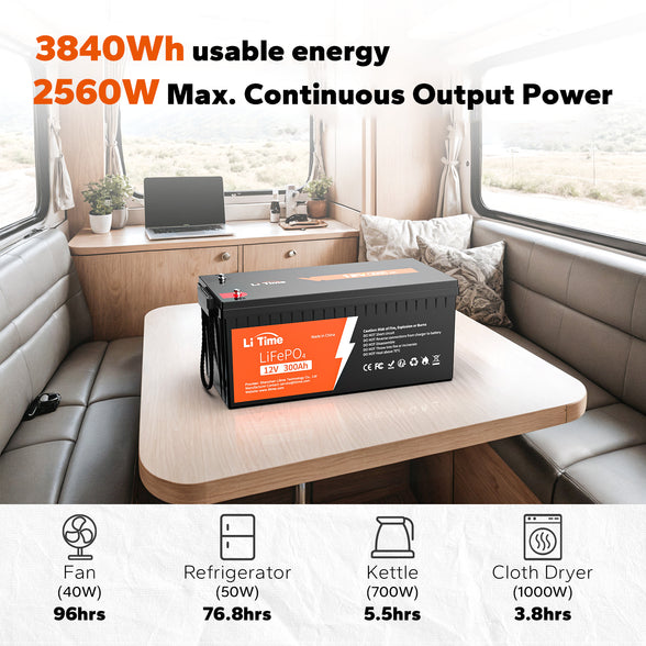 3840wh energy & 2560w power of litime 12v 300ah lithium battery