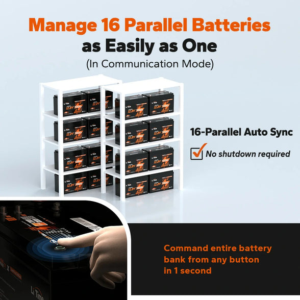 one touch control of the entire litime 12v 100ah lifepo4 battery system, up to 16 parallel