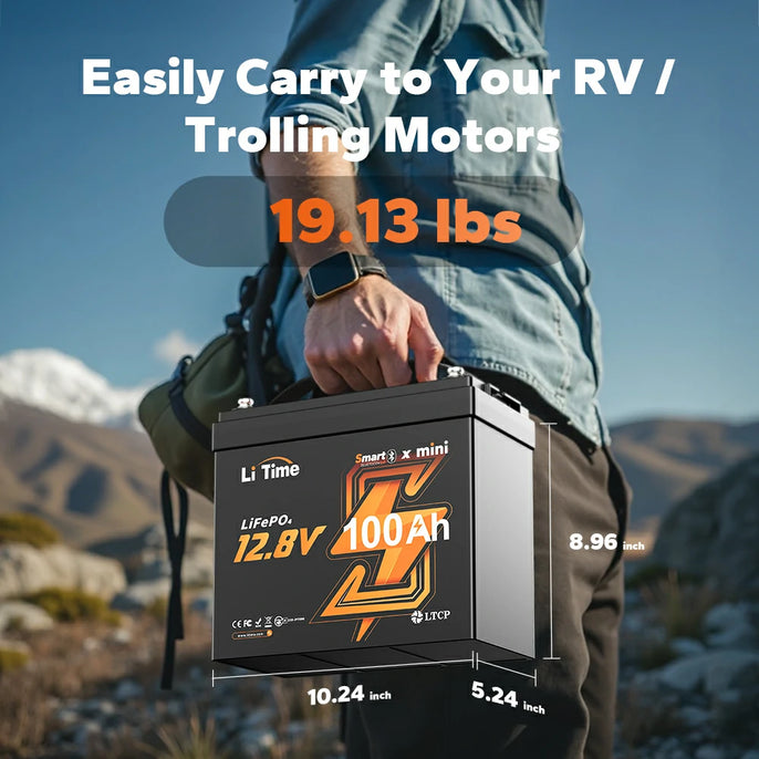 mini size for easy carrying, LiTime 12.8v 100ah mini lifepo4 battery for RV, trolling motors