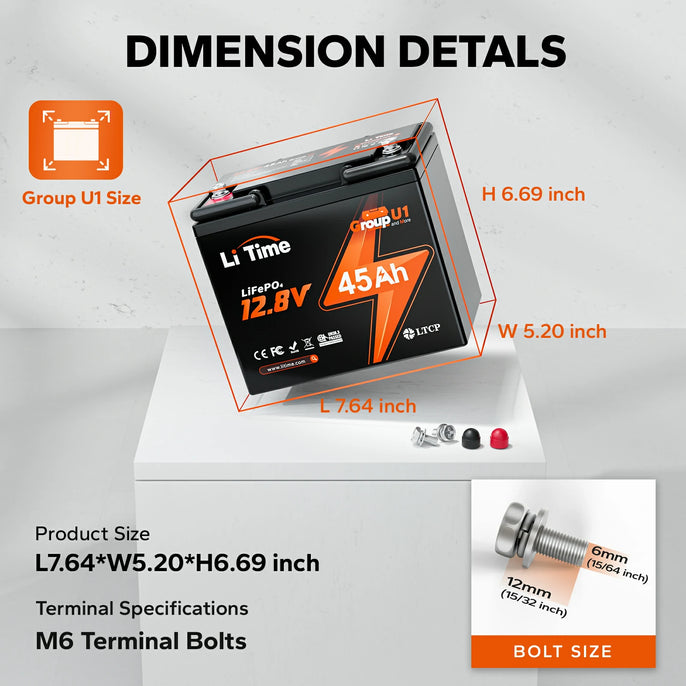 Dimensions details of litime 12v 45ah u1 lifepo4 battery