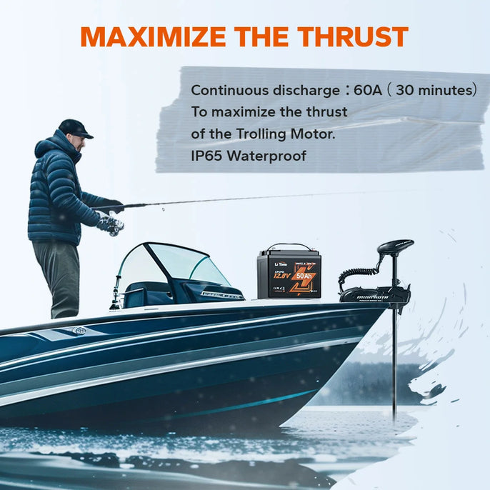  LiTime 12V 50Ah lithium trolling motor battery 60A discharge and IP65 waterproof rating feature