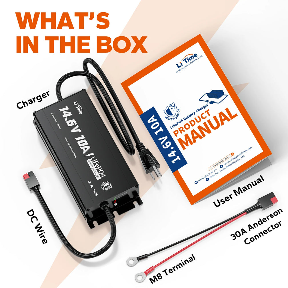 what's in the box of LiTime 12V 10A lithium battery charger