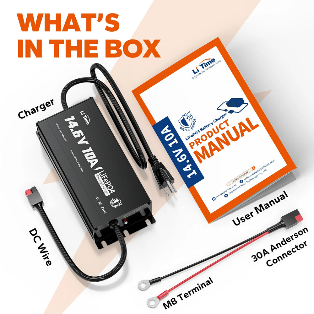 what's in the box of LiTime 12V 10A lithium battery charger
