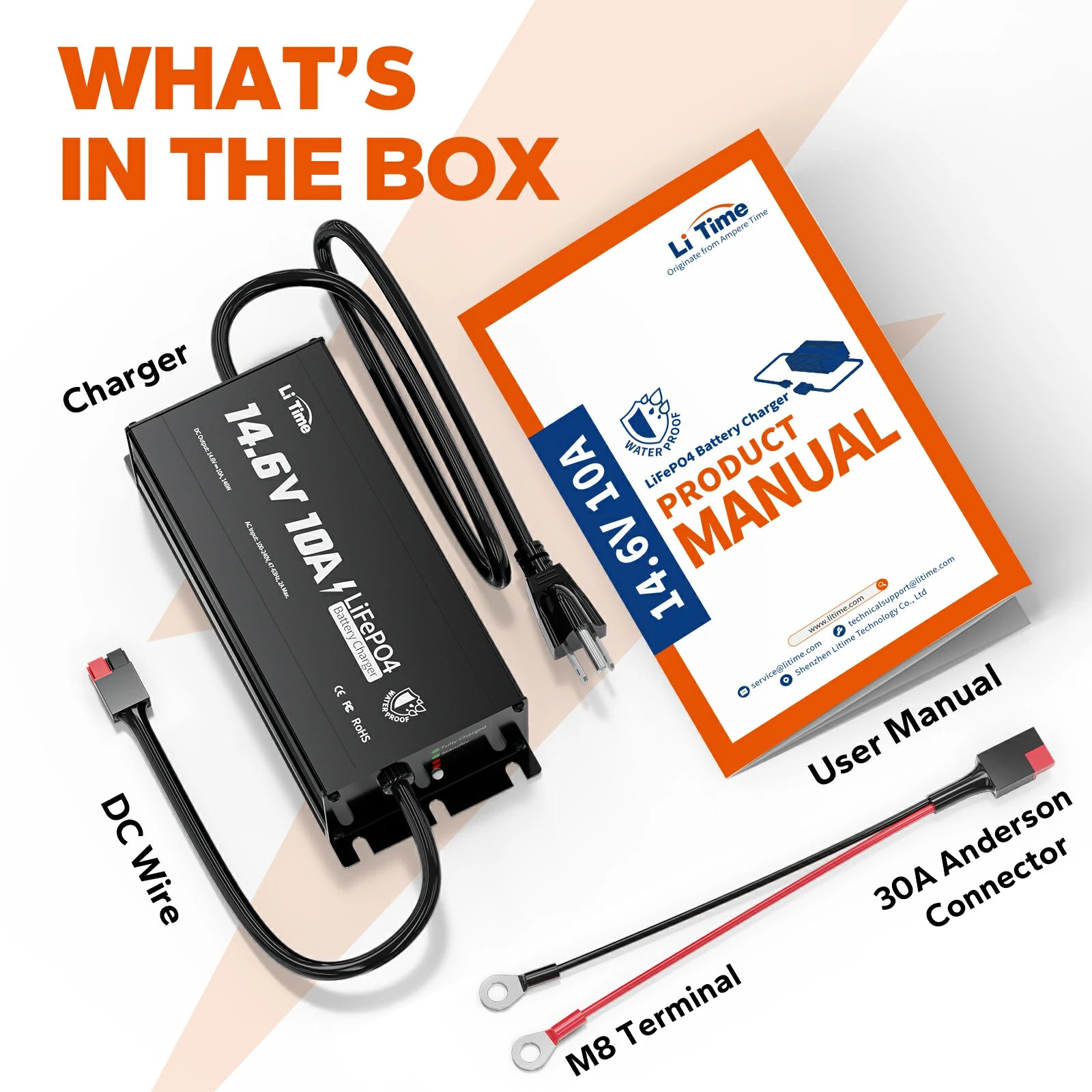 what's in the box of LiTime 12V 10A lithium battery charger