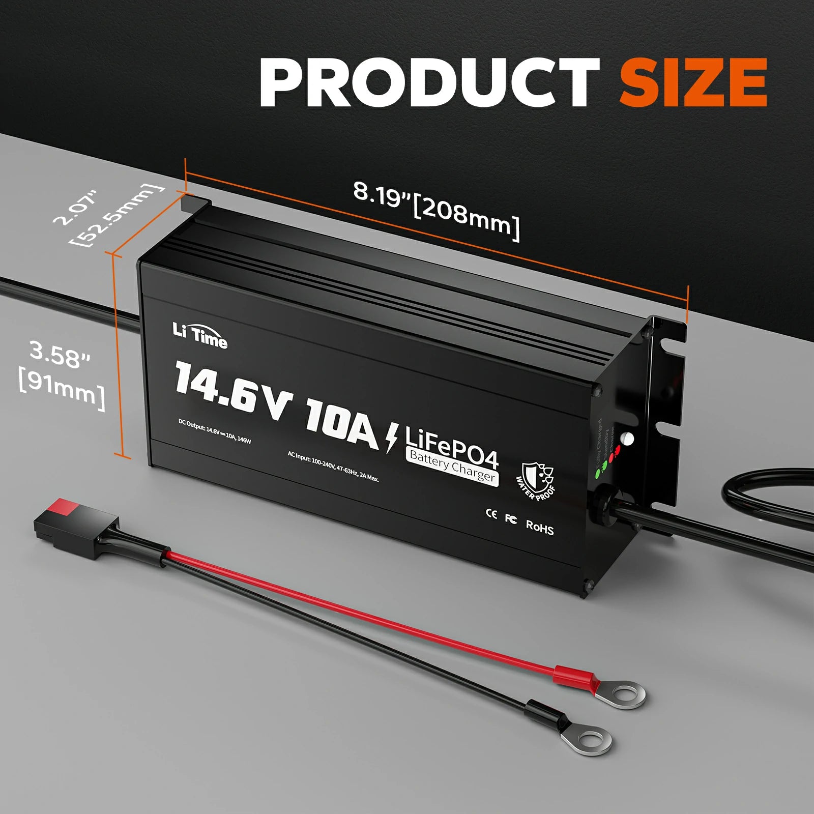 the size of LiTime 12V 10A battery charger