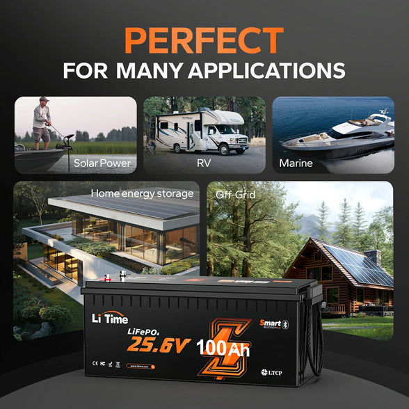 applications of litime 24 volt 100ah smart lithium battery -solar power, rv, marine, off-grid