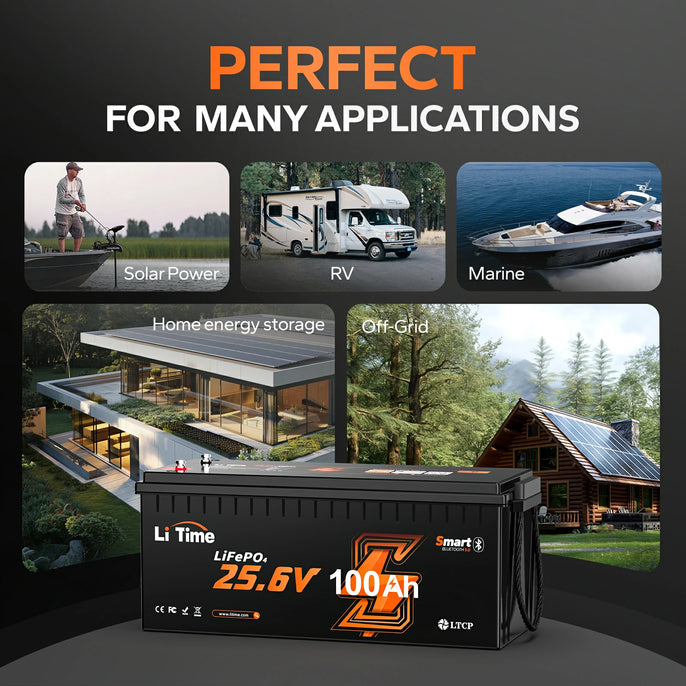 applications of litime 24 volt 100ah smart lithium battery -solar power, rv, marine, off-grid