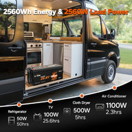 24V 100Ah LiFePO4 battery inside a campervan, powering appliances like a fridge and TV