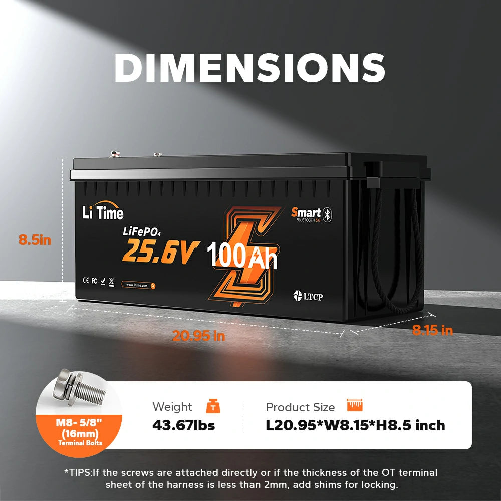 dimension of litime 24V 100Ah Bluetooth lithium battery: 20.95*8.15*8.5 inch, weight 43.67lbs