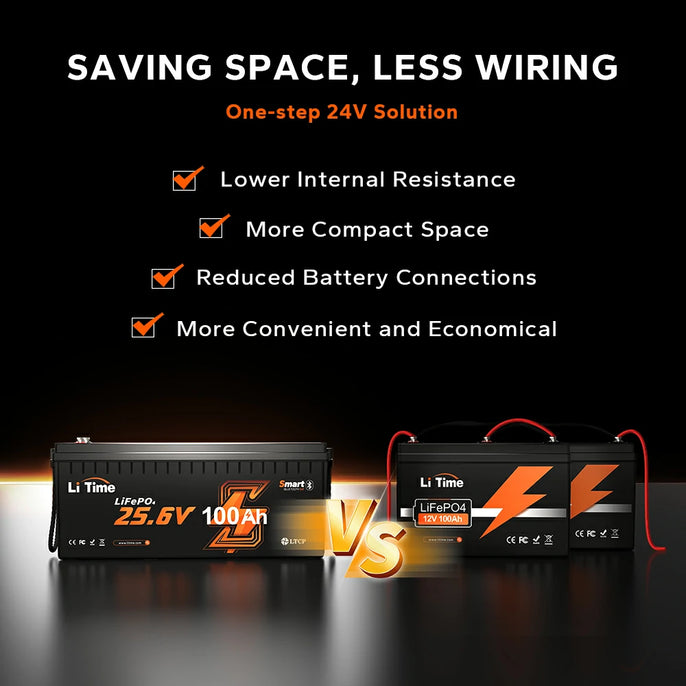 advantages of litime 24v 100ah lithium battery than 12v 100ah lead-acid battery: saving space, less wiring