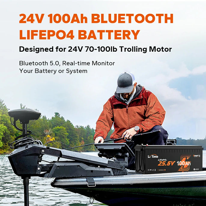 LiTime 24V 100Ah Bluetooth LiFePO4 battery designed for 24V trolling motors, featuring real-time monitoring capabilities