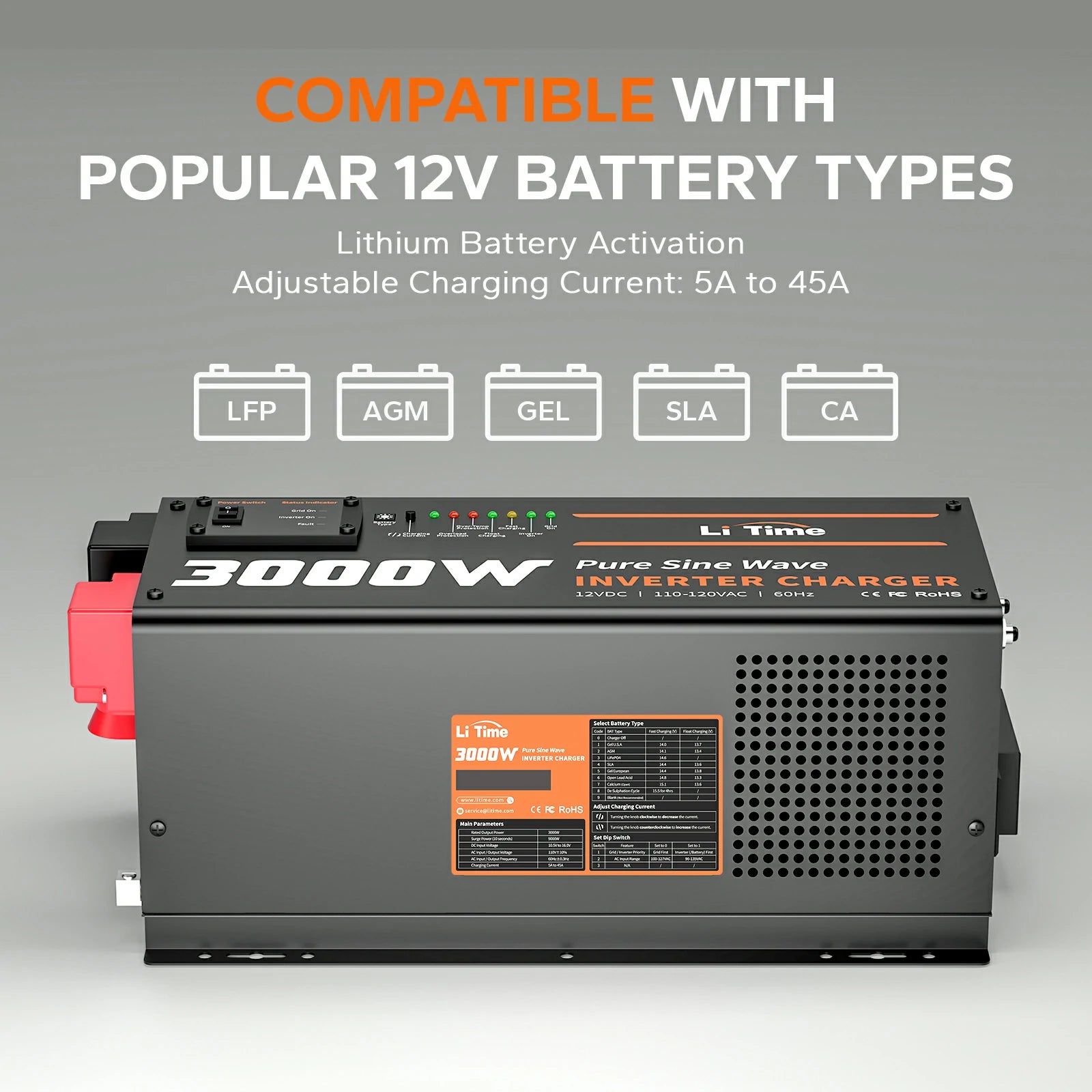 information of campatible battery types of litime 3000w inverter charger
