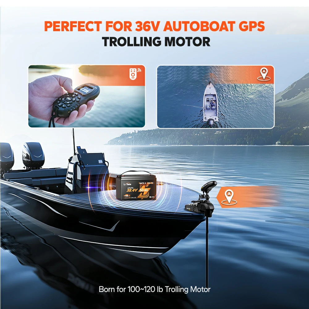 LiTime 36V 50Ah Bluetooth battery: ideal for 100-120 lb trolling motors and 36V autopilot GPS for seamless boating