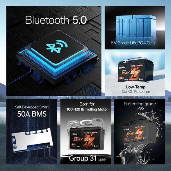 LiTime 36V 50Ah Bluetooth lithium battery: features EV-grade cells, 50A BMS, low-temp cut-off, and IP65 protection for trolling motors