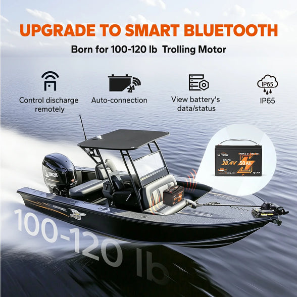  LiTime 36V 50Ah Bluetooth battery: smart control for 100-120 lb trolling motors, IP65 waterproof, remote discharge management