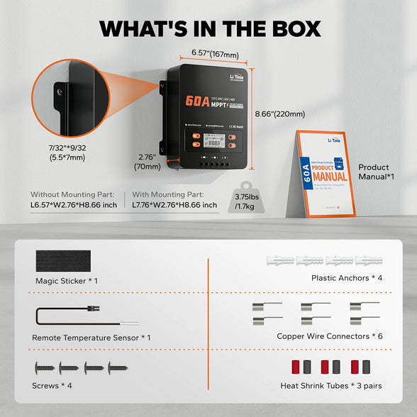 What's in the box for the LiTime 60A MPPT controller: the unit, manual, temp sensor, screws, and wire connectors