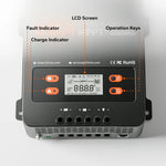 LiTime 60A MPPT controller's interface, showing the LCD screen, operation keys, and status indicators