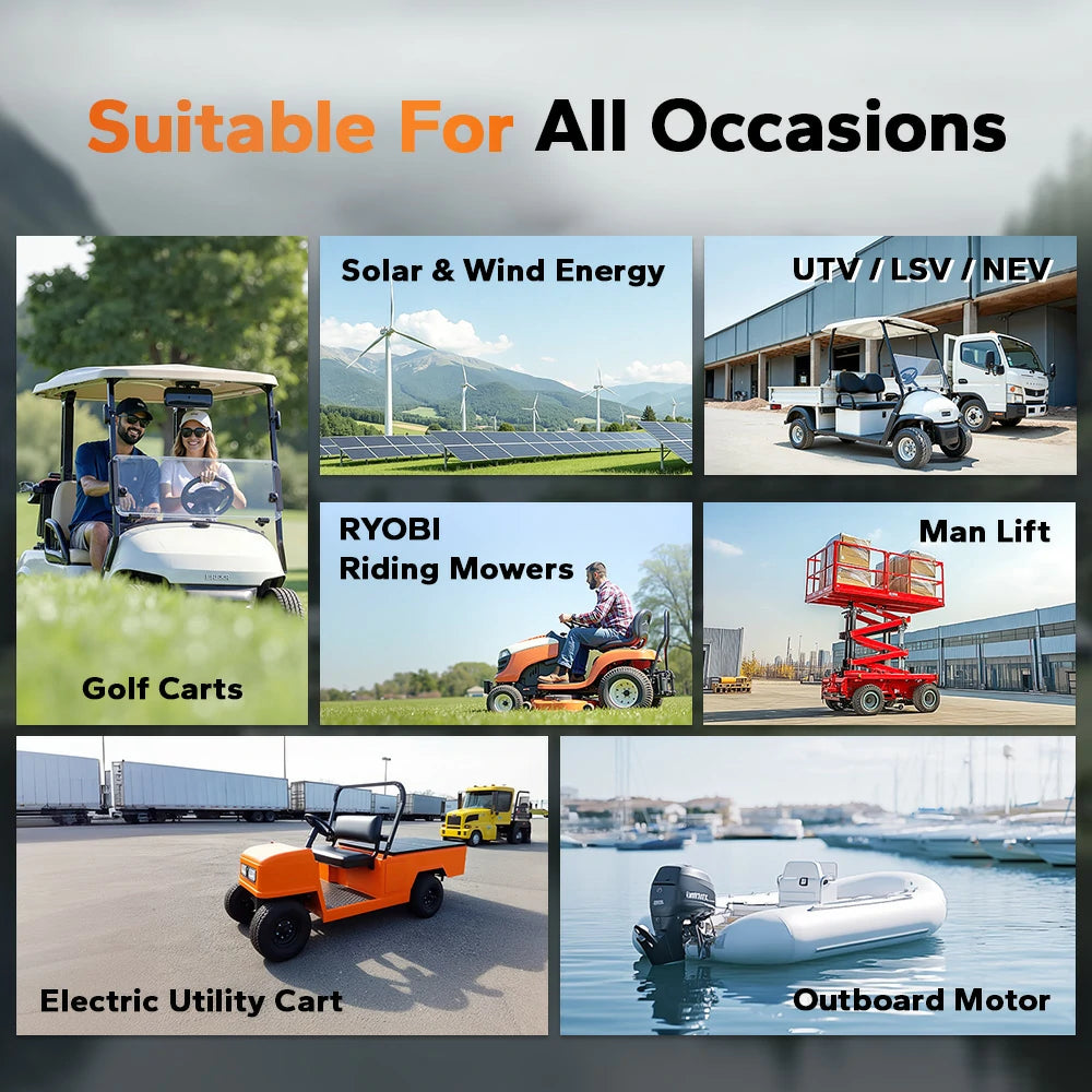 wide applications of litime 48v gc2 lifepo4 golf cart battery-utv,outboard motor, riding mowers and more
