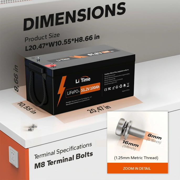 dimension information of litime 51.2v 100ah lifepo4 battery