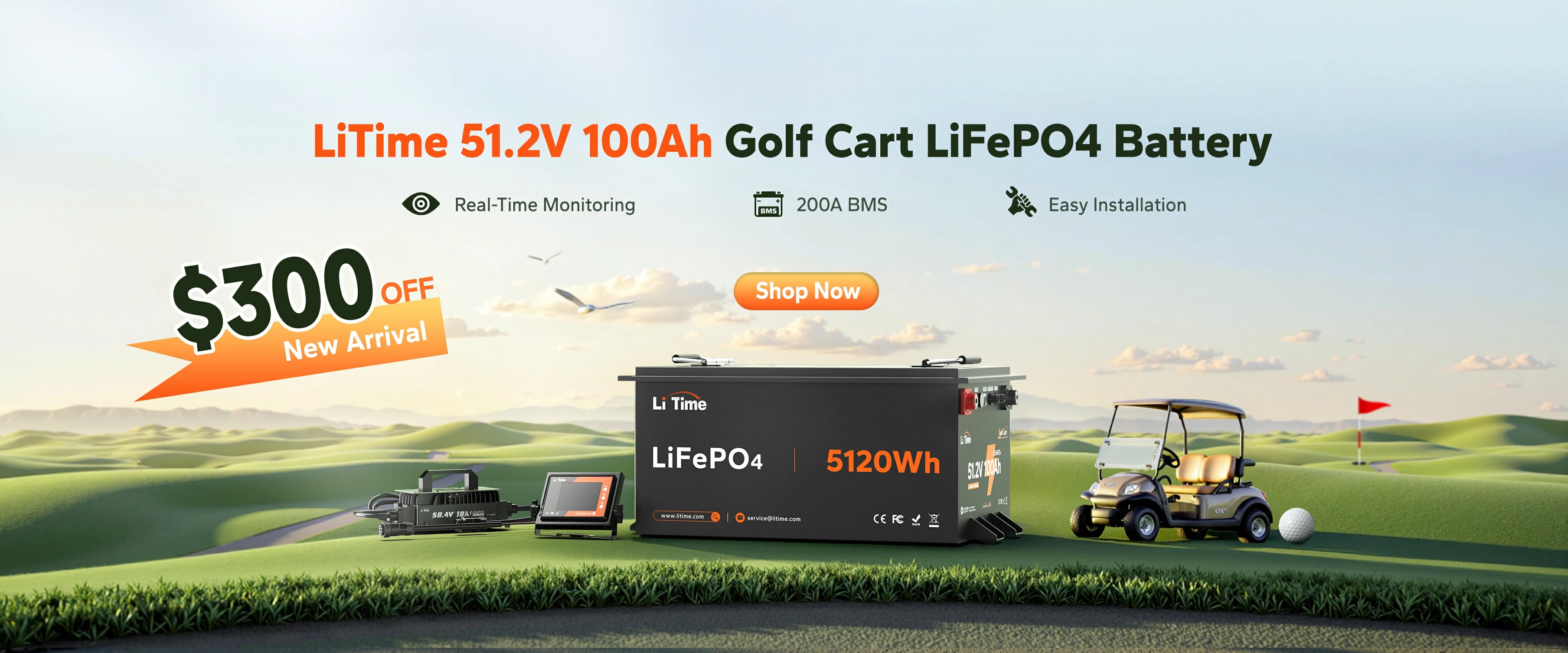 banner of litime new arrival 48v (51.2v) 100ah golf cart lifepo4 battery feature with real-time monitoring
