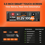 LiTime 48V 100Ah LiFePO4 battery with 3.5-inch smart touch screen display showing real-time status and charge levels