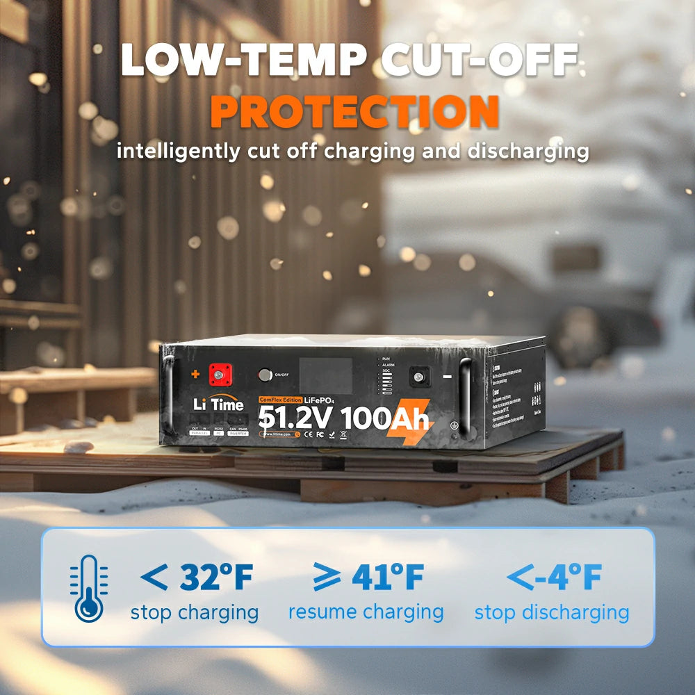 LiTime 48v 100ah lithium home energy storage battery with low-temp cut-off protection