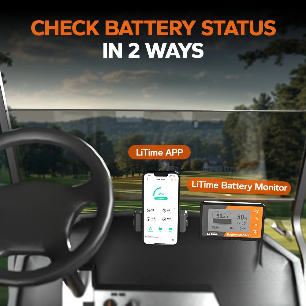 2 ways to check LiTime 48v 100ah golt cart battery status: bluetooth and battery monitor