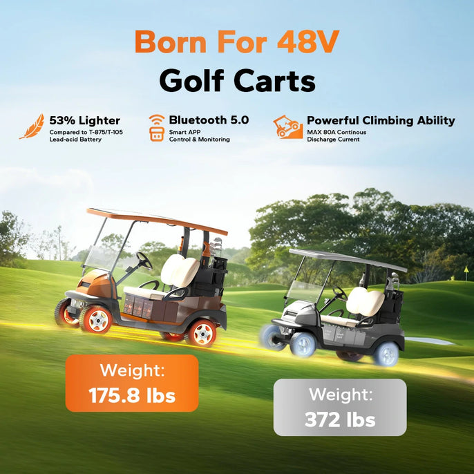 weight comparision of litime 48v gc golf cart lithium battery ligher than lead acid
