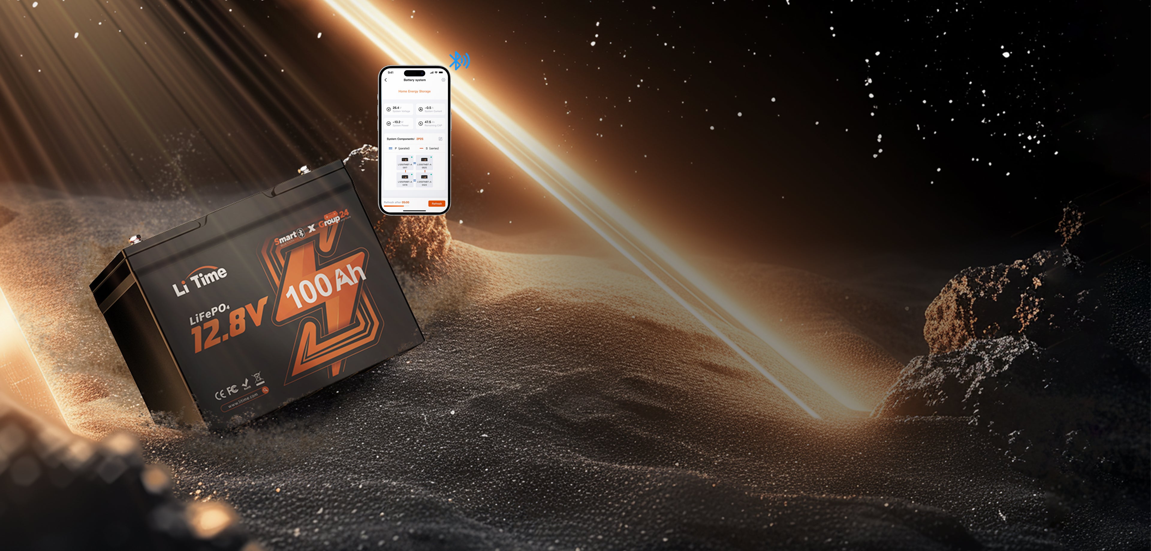 The Li Time Group 24 smart battery, showcasing its Bluetooth monitoring function and representing T3.0 technology