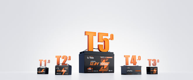 LiTime 100Ah battery with a "T5.0" graphic on top, representing the latest evolution in a lineup of battery technologies