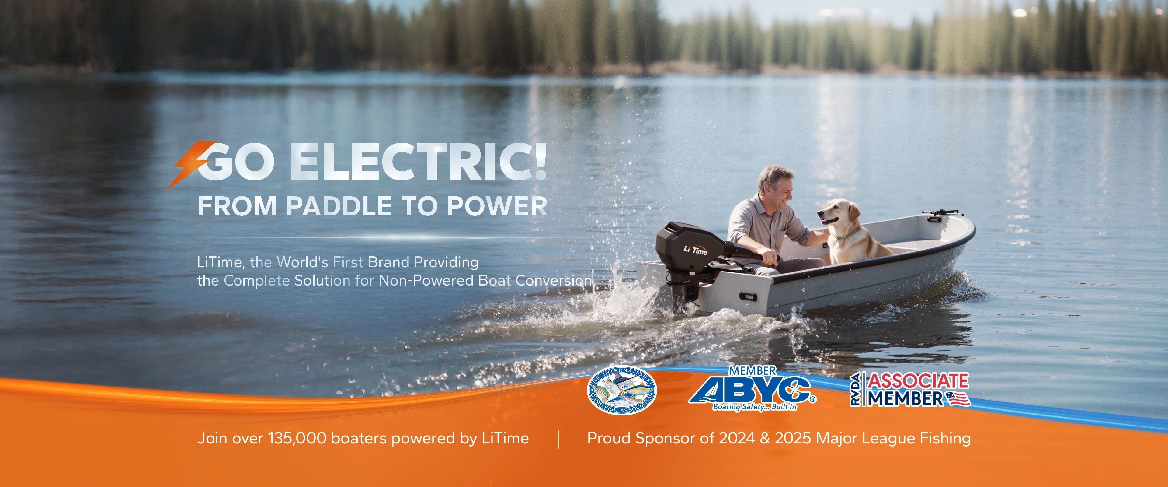 A man and his dog in a boat with a LiTime electric motor. Text: Turn Your Boat Electric Instantly.