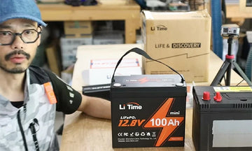 customer presenting a LiTime 12V 100Ah mini battery and packaging, sharing insights in a positive LiTime customer review