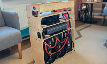 custom battery setup featuring multiple LiTime batteries and an inverter, highlighting positive LiTime customer review