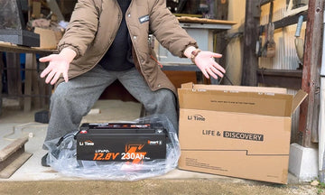 customer excitedly showcasing a LiTime 12V 230Ah battery and packaging, reflecting positive LiTime customer review