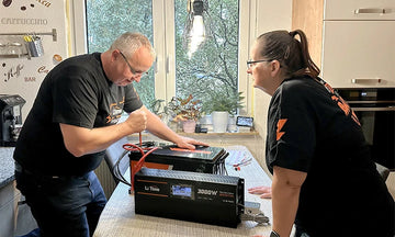 two customers connecting LiTime products at a table, providing valuable LiTime customer feedback on battery performance