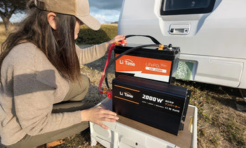 customer connecting a LiTime 12V 100Ah battery and 2000W inverter, showcasing positive LiTime customer review and usage