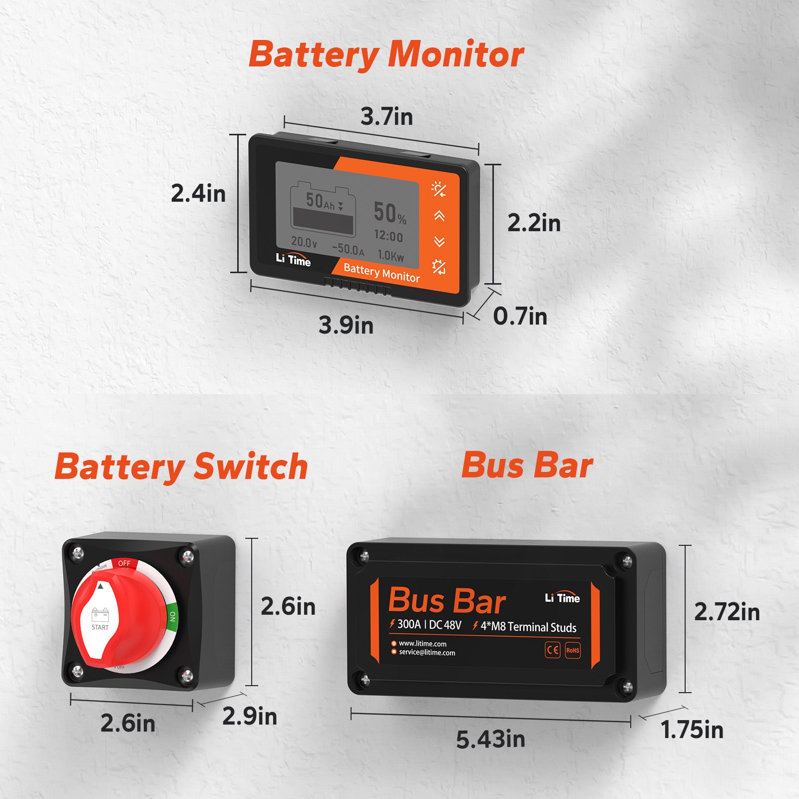 Litime Battery Accessory Set, Battery Monitor with Shunt, Bus Bar Black+Red, Battery Switch (ON/OFF)